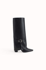Bottes hautes talons carrés bouts pointus à rabats et boucles