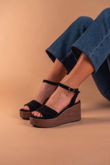 Sandales compensées en suède avec semelle effet bois