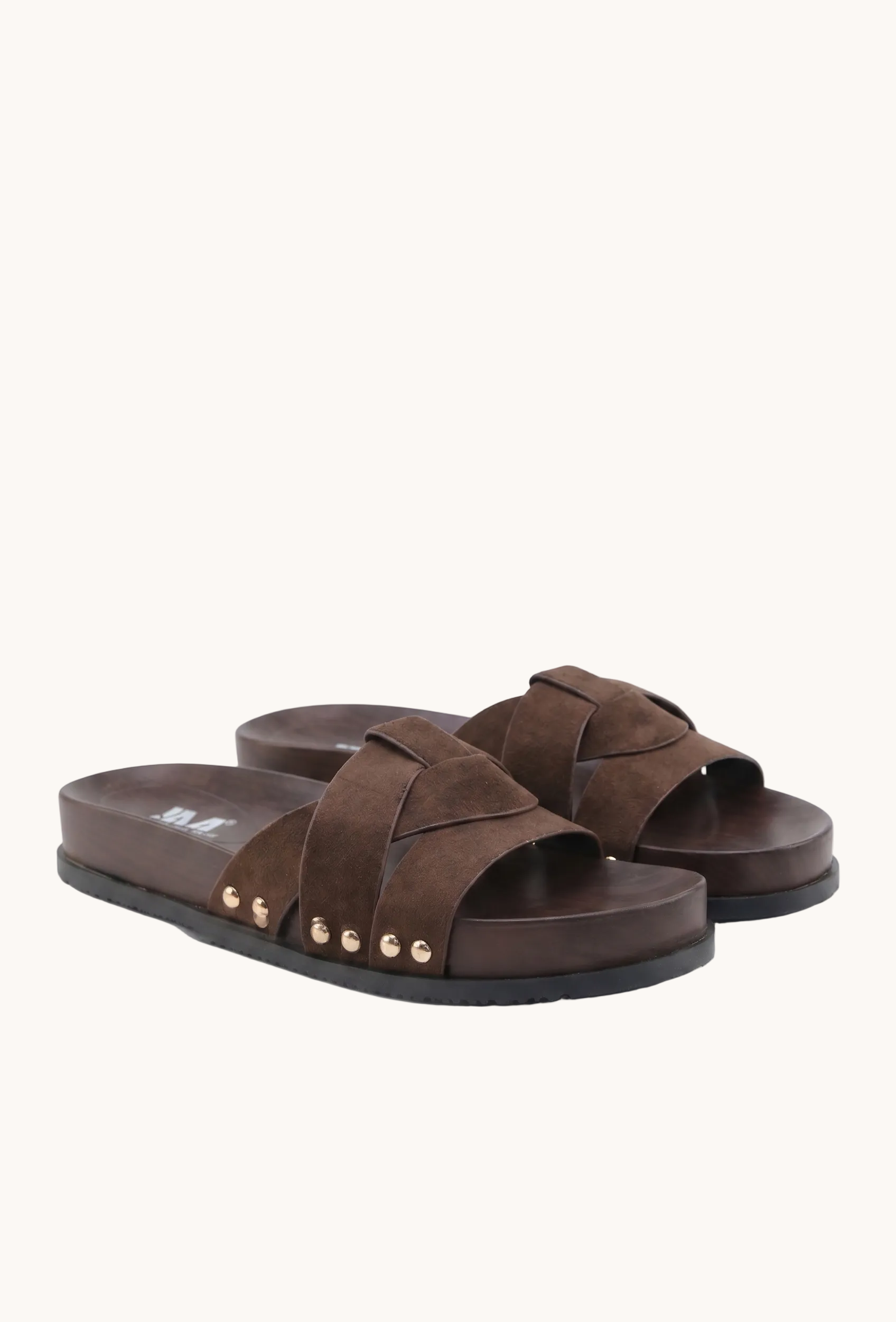 Mules Plates à Brides Croisées et Détails Cloutés - Marron