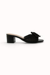Mules à talon carré ornée d'une fleur en Raphia Crochet - Noir