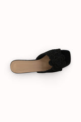Mules à talon carré ornée d'une fleur en Raphia Crochet - Noir
